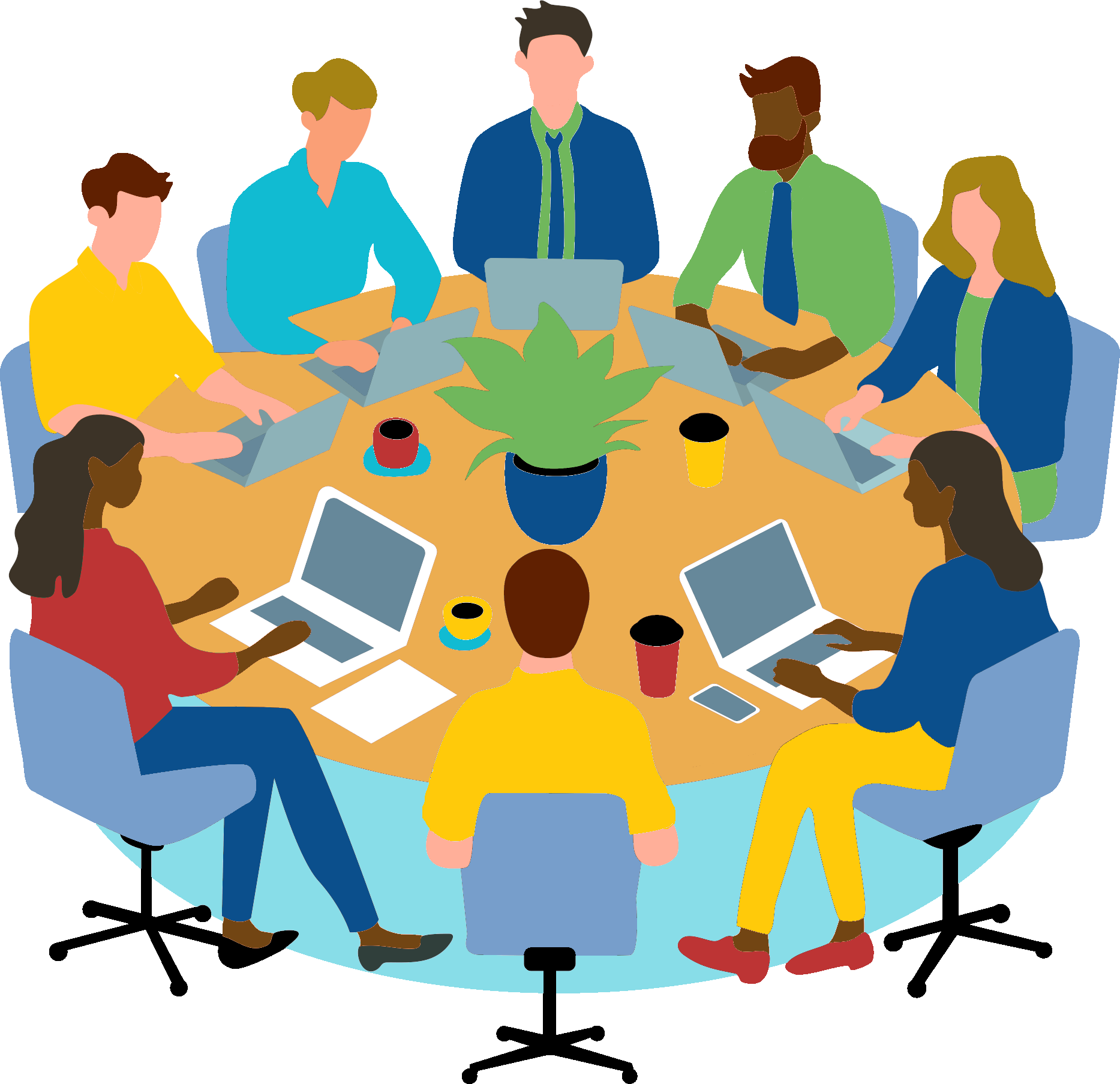A large implementation team gathered around a table