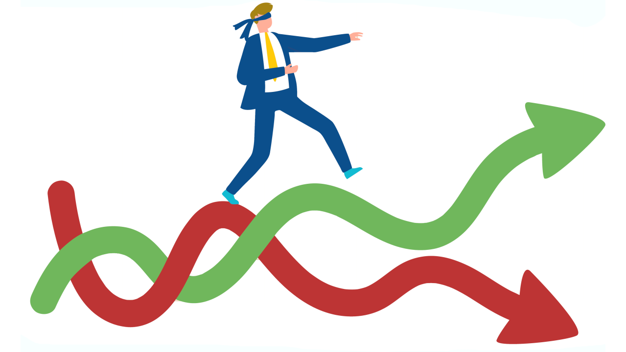 A blindfolded businessman balances along a volatile green-and-red market line chart, illustrating the risk of navigating commodity markets without real-time visibility.