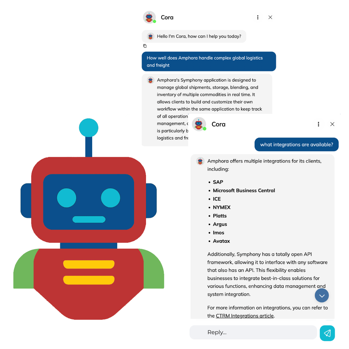 CORA, Amphora's intelligent chat-bot, shown alongside real chat conversations answering questions about Amphora's CTRM platforms
