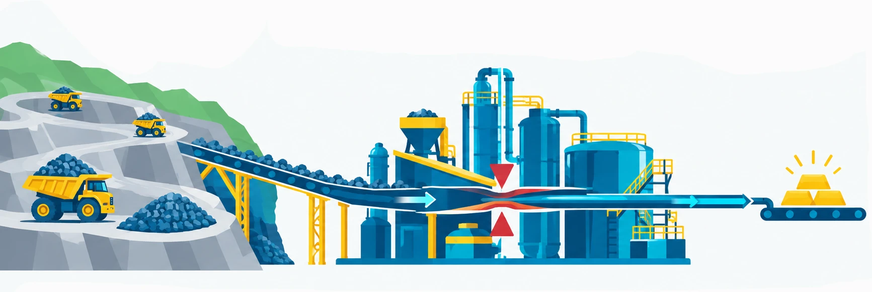 Diagram showing abundant mine production feeding into a constrained refinery bottleneck, resulting in limited refined output