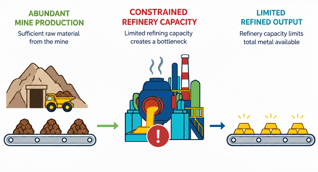 Three-panel diagram: abundant mine production, constrained refinery capacity, limited refined output